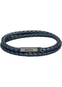 Armband BOSS "Schmuck Edelstahl Lederarmband Wickelarmband ARES" Armbänder Gr. M, Leder-Edelstahl, blau (blau, grau) Herren