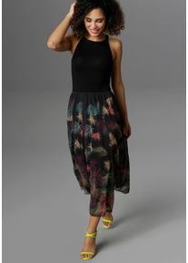 Damen Sommerkleid, schwarz, modisch, Gr. 40, Aniston SELECTED, bedruckt, Single Jersey, Georgette, Web, Obermaterial: 95% Viskose, 5% Elasthan.