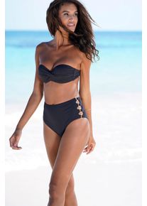 Lascana Damen Highwaist-Bikini-Hose "Italy", schwarz, Gr. 36, unifarben, Microfaser, Polyamid, Microfaser, Badehosen, Goldfarbene Zierringe