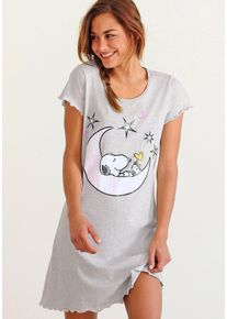 PEANUTS Damen Nachthemd, Gr. 32, grau, Single Jersey, Obermaterial: 100% Baumwolle, Basic, Kleider, mit Snoopy-Print und Kräuselsäumen