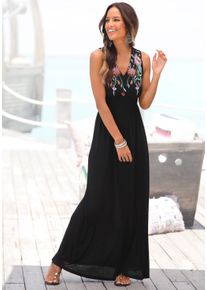 Buffalo Damen Maxikleid, schwarz, Gr. 40, bedruckt, Jersey, Obermaterial: 100% Viskose, Kleider, mit Druck am Vorderteil und Bindeband hinten,