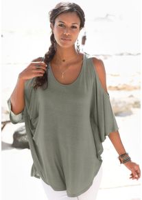 Lascana Damen Strandshirt, grün, casual, Gr. 1, unifarben, Jersey, Obermaterial: 100% Viskose, Shirts, mit Zierband im oberen Rücken, Longshirt,