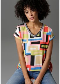 Aniston CASUAL Damen T-Shirt, bunt, modisch, Gr. 38, gemustert, gestreift, Cru00eape, Web, Single Jersey, Obermaterial: 97% Polyester, 3% Elasthan.