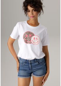 Aniston CASUAL Damen T-Shirt, bunt, Gr. 48, bedruckt, Single Jersey, Obermaterial: 100% Baumwolle, Shirts, mit coolen Smileys bedruckt