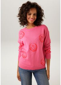 Aniston CASUAL Damen Strickpullover, pink, modisch, Gr. 38, gemustert, Feinstrick, Obermaterial: 100% Baumwolle, Pullover, mit eingestrickten Smileys