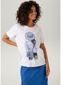 Aniston CASUAL Damen T-Shirt, blau, modisch, Gr. 36, bedruckt, Glitzermuster, Single Jersey, Obermaterial: 100% Baumwolle, Shirts, mit silberfarbenem