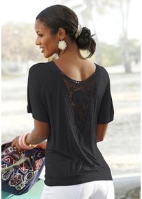 Lascana Damen Strandshirt, schwarz, modisch, Gr. 36, unifarben, Jersey, Obermaterial: 95% Viskose, 5% Elasthan. Spitze: 100% Baumwolle, Shirts, mit