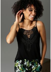 Aniston CASUAL Damen Spitzentop, schwarz, modisch, Gr. 38, unifarben, Single Jersey, Obermaterial: 100% Viskose. Spitze: 100% Polyester, Tops, mit