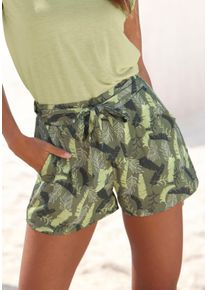 s.Oliver Damen Webshorts, grün, modisch, Gr. 34, bedruckt, Web, Obermaterial: 100% Viskose, Hosen, mit Blätterdruck und Bindegürtel, kurze Hose,
