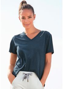 ELBSAND Damen T-Shirt "Talvi", blau, modisch, Gr. M, meliert, Jersey, Obermaterial: 50% Baumwolle, 50% Polyester, Shirts, mit Flockprint und