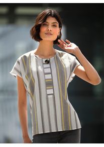 Classic Basics Damen Kurzarmbluse, grau, Gr. 48, gemustert, gestreift, mehrfarbig, 100% Baumwolle, Blusen