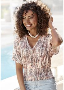 Buffalo Damen Kurzarmshirt, beige, modisch, Gr. 36, bedruckt, Jersey, Obermaterial: 100% Viskose, Shirts, mit Alloverdruck, Blusenshirt mit leichten