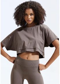 Lascana Damen Kurzarmshirt, braun, sportlich, Gr. S, unifarben, Single Jersey, Obermaterial: 95% Baumwolle, 5% Elasthan, Shirts, mit kastigem Schnitt