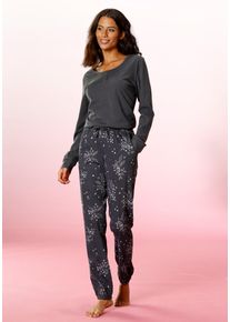Vivance Dreams Damen Pyjama, Gr. 36, grau, Single Jersey, Obermaterial: 100% Baumwolle, geblümt, Basic, Homewear-Sets, mit Hortensienmuster