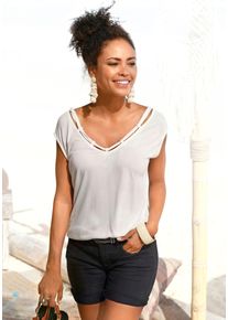 s.Oliver Damen T-Shirt, beige, casual, Gr. 36, unifarben, Jersey, Obermaterial: 100% Viskose, Shirts, mit Zierbändern am Ausschnitt, Kurzarmshirt,