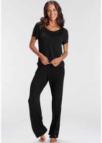 Bruno Banani Damen Pyjama, Gr. 44, schwarz, Single Jersey, Obermaterial: 95% Viskose, 5% Elasthan, feminin, Homewear-Sets, mit schönen Spitzendetails