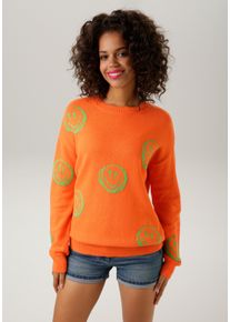 Aniston CASUAL Damen Strickpullover, bunt, modisch, Gr. 36, gemustert, Feinstrick, Obermaterial: 100% Baumwolle, Pullover, mit eingestrickten Smileys