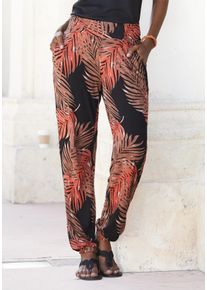 Lascana Damen Strandhose, braun, casual, Gr. 38, bedruckt, Jersey, Obermaterial: 100% Viskose, Hosen, mit Palmenblätterdruck und Taschen, leichte und