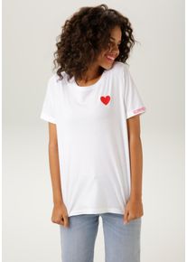 Aniston CASUAL Damen T-Shirt, bunt, modisch, Gr. 36, bedruckt, bestickt, Single Jersey, Obermaterial: 100% Baumwolle, Shirts, mit Herz-Applikation