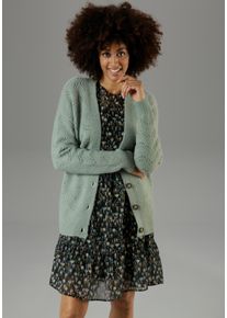 Aniston CASUAL Damen Strickjacke, grün, modisch, Gr. 34, unifarben, Ajourstrickmuster, Strick, Obermaterial: 74% Polyacryl, 23% Nylon, 3% Elasthan,