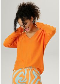 Damen V-Ausschnitt-Pullover, orange, Basic, Gr. 40, Aniston SELECTED, unifarben, Feinstrick, Obermaterial: 70% Viskose, 30% Polyamid, Pullover, im