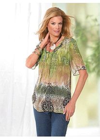 Classic Basics Damen Druckbluse, grün, Gr. 50, gemustert, mehrfarbig, bedruckt, 100% Polyester, Blusen