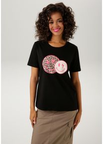 Aniston CASUAL Damen T-Shirt, pink, Gr. 32, bedruckt, Single Jersey, Obermaterial: 100% Baumwolle, Shirts, mit coolen Smileys bedruckt