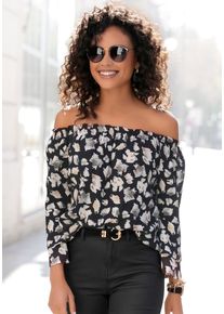 Lascana Damen Carmenbluse, schwarz, modisch, Gr. 42, bedruckt, Web, Obermaterial: 100% Viskose, Blusen, mit Alloverprint, Damenbluse, schulterfrei,