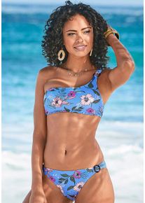 s.Oliver Damen Bustier-Bikini-Top "Maya", blau, Gr. 34, floral, Polyamid, Bikini-Oberteile, in One-Shoulder-Form und mit Zierring