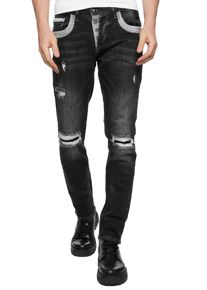 Rusty Neal Herren Straight-Jeans "YOKOTE", schwarz, casual, Gr. 32, mehrfarbig, 98% Baumwolle, 2% Elasthan, Jeans, mit farblich abgesetzten Details
