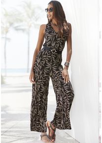 Lascana Damen Overall, schwarz, modisch, Gr. 36, bedruckt, Jersey, Obermaterial: 100% Viskose, Overalls, mit Blätterdruck und Bindeband im Rücken,
