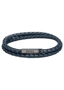 BOSS Herren Armband "Schmuck Edelstahl Lederarmband Wickelarmband ARES", M, Leder-Edelstahl, blau, Leder, Edelstahl, Armbänder