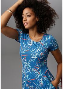 Damen Sommerkleid, blau, Basic, Gr. 44, Aniston SELECTED, bedruckt, Jersey, Obermaterial: 95% Viskose, 5% Elasthan, Kleider, mit 2 Eingrifftaschen