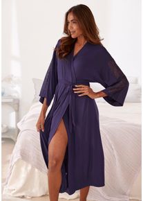 Lascana Damen Kimono, Gr. 36, blau, Single-Jersey, unifarben, Hausmäntel, mit Spitzendetails