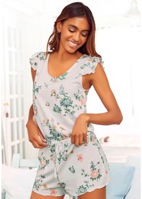 Vivance Dreams Damen Playsuit, Gr. 34, beige, Single Jersey, Obermaterial: 60% Baumwolle, 40% Polyester, geblümt, feminin, Overalls, mit Rüschen an