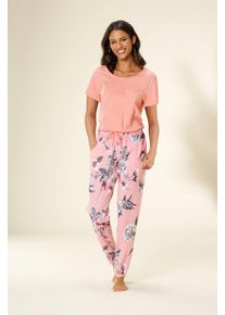 Vivance Dreams Damen Pyjama, Gr. 36, orange, Single Jersey, Obermaterial: 100% Baumwolle, geblümt, Basic, Homewear-Sets, mit Blumendruck