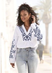 Lascana Damen Langarmbluse, weiß, modisch, Gr. 36, unifarben, bestickt, Web, Obermaterial: 58% Viskose, 28% Baumwolle, 14% Leinen, Blusen, mit