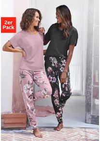 Vivance Dreams Damen Pyjama, Gr. 32, schwarz, Single Jersey, Obermaterial: 100% Baumwolle, geblümt, gemustert, mehrfarbig, Basic, Homewear-Sets, mit