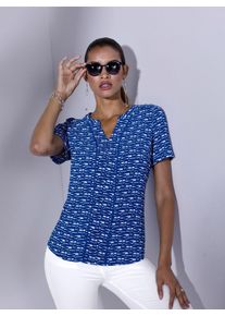 CRÉATION L CREATION L Damen Kurzarmbluse, blau, Gr. 38, bedruckt, gemustert, mehrfarbig, 95% Polyester, 5% Elasthan, Blusen