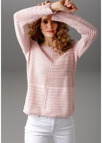 Aniston CASUAL Damen Rundhalspullover, rosa, modisch, Gr. 36, unifarben, Ajourstrickmuster, Feinstrick, Obermaterial: 100% Baumwolle, Pullover, mit
