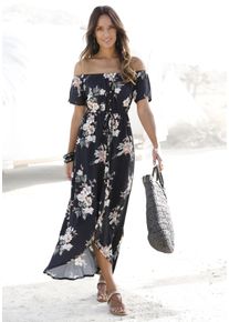 Lascana Damen Maxikleid, schwarz, Gr. 34, bedruckt, Web, Obermaterial: 100% Viskose, Kleider, im angesagten Vokuhila-Schnitt und Carmenausschnitt,
