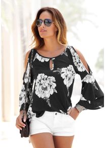 Lascana Damen 3/4-Arm-Shirt, schwarz-weiß, modisch, Gr. 32, Jersey, Obermaterial: 100% Viskose, Shirts, mit Trompetenärmeln und Cut-Outs,
