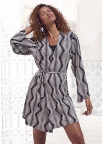 Lascana Damen Kimono, Gr. 32, schwarz-weiß, Single-Jersey, bedruckt, gemustert, Hausmäntel, mit graphischen Allover-Druck