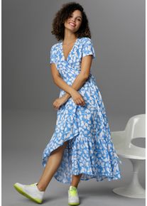 Aniston CASUAL Damen Wickelkleid, blau, modisch, Gr. 36, geblümt, bedruckt, Web, Obermaterial: 100% Viskose, Kleider, mit graphischen Blätterdruck