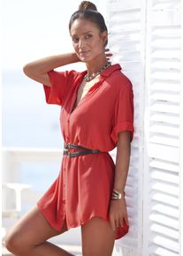 Lascana Damen Longbluse, rot, casual, Gr. 48, unifarben, Cru00eape, Obermaterial: 100% Viskose, Blusen, mit Knopfleiste, Kurzarmbluse, Blusenkleid,
