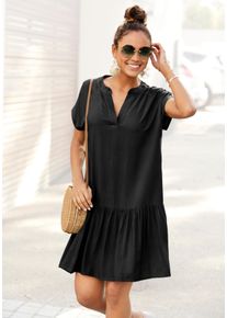 s.Oliver Damen Blusenkleid, schwarz, modisch, Gr. 50, unifarben, Web, Obermaterial: 100% Viskose, Kleider, mit Volant am Rock, Tunikakleid,