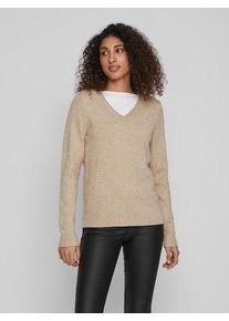 Vila Damen V-Ausschnitt-Pullover "VIRIL V-NECK L/S KNIT TOP - NOOS", beige, modisch, Gr. L, unifarben, meliert, Feinstrick, Obermaterial: 50%