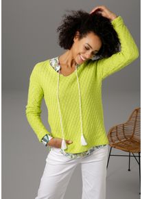 Aniston CASUAL Damen V-Ausschnitt-Pullover, grün, modisch, Gr. 40, unifarben, Feinstrick, Obermaterial: 100% Baumwolle, Pullover, im trendigen