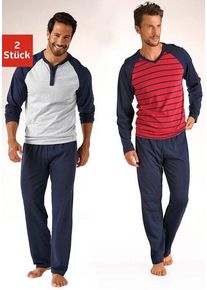 Le Jogger Herren Pyjama, Gr. 44, rot, Jersey, Obermaterial: 100% Baumwolle, gestreift, Basic, Homewear-Sets, in langer Form, mit Raglanärmeln