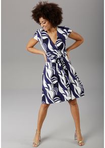 Damen Sommerkleid, blau, feminin, Gr. 34, Aniston SELECTED, gemustert, bedruckt, Jersey, Obermaterial: 95% Viskose, 5% Elasthan, Kleider, mit
